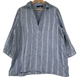 Tahari Linen V Neck Collared 3/4 Sleeve Top Blue White Stripes Womens Size XL